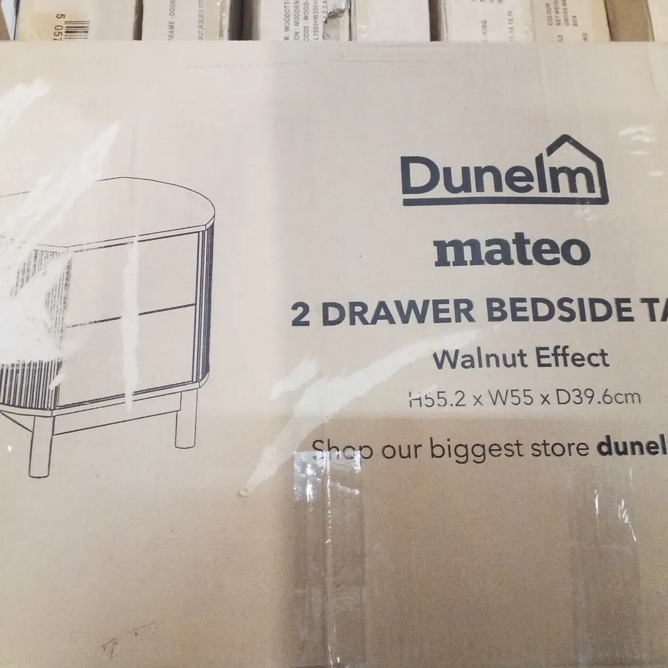BOXED DUNELM MATEO 2 DRAWER BEDSIDE TABLE - WALNUT EFFECT H55.2×W55×D39.6CM