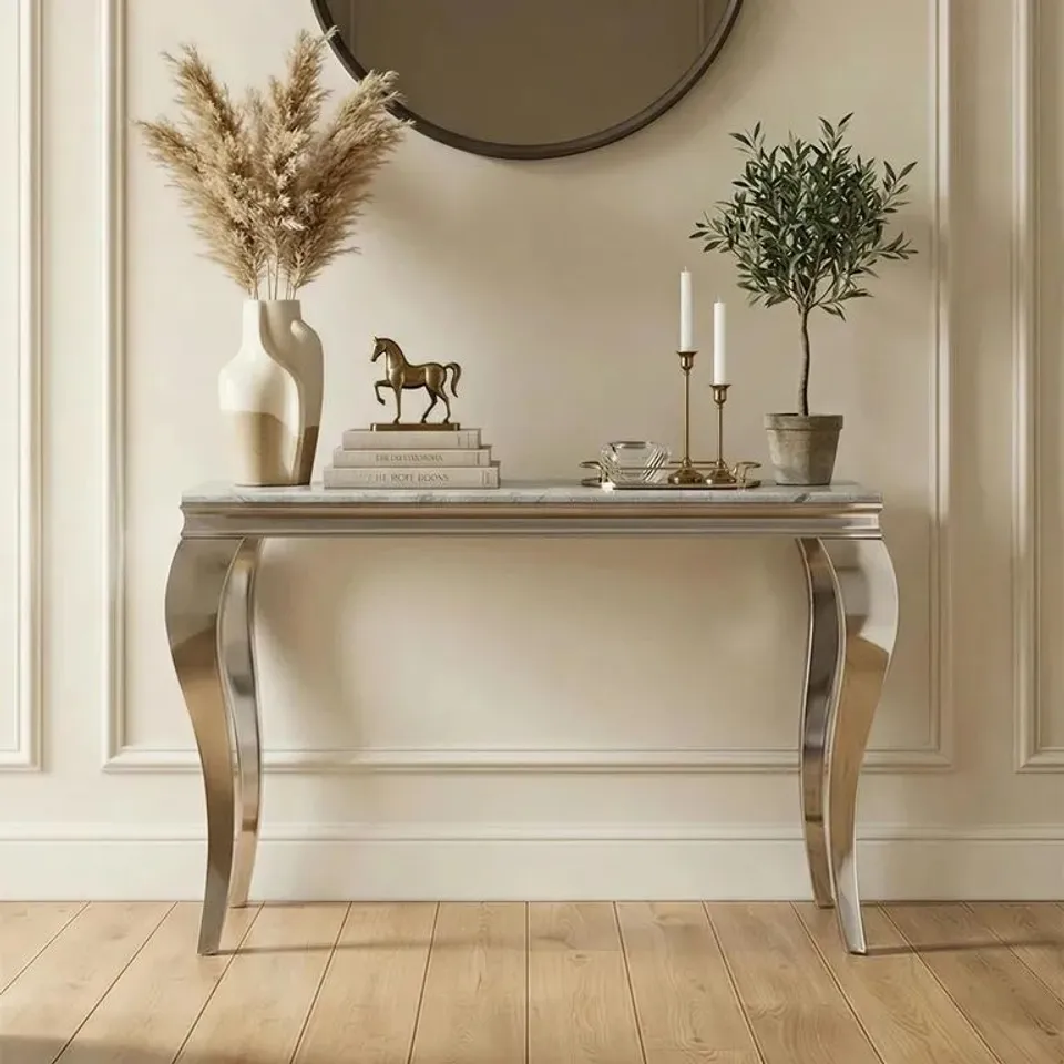 BOXED LOUIS CONSOLE TABLE - GREY FAUX MARBLE & CHROME (3 BOXES)