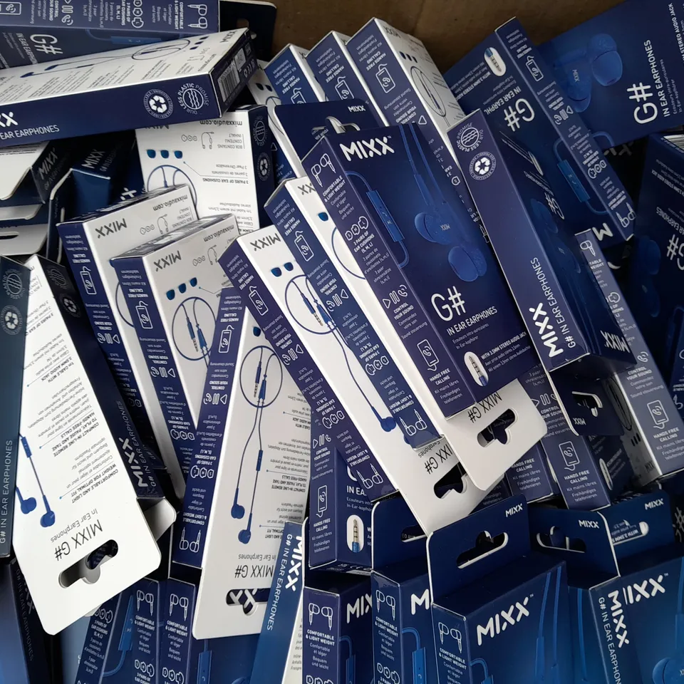 BOX OF APPROXIMATELY 120 MIXX G# IN EAR HEADPHONES IN BLUE - COLLECTION ONLY