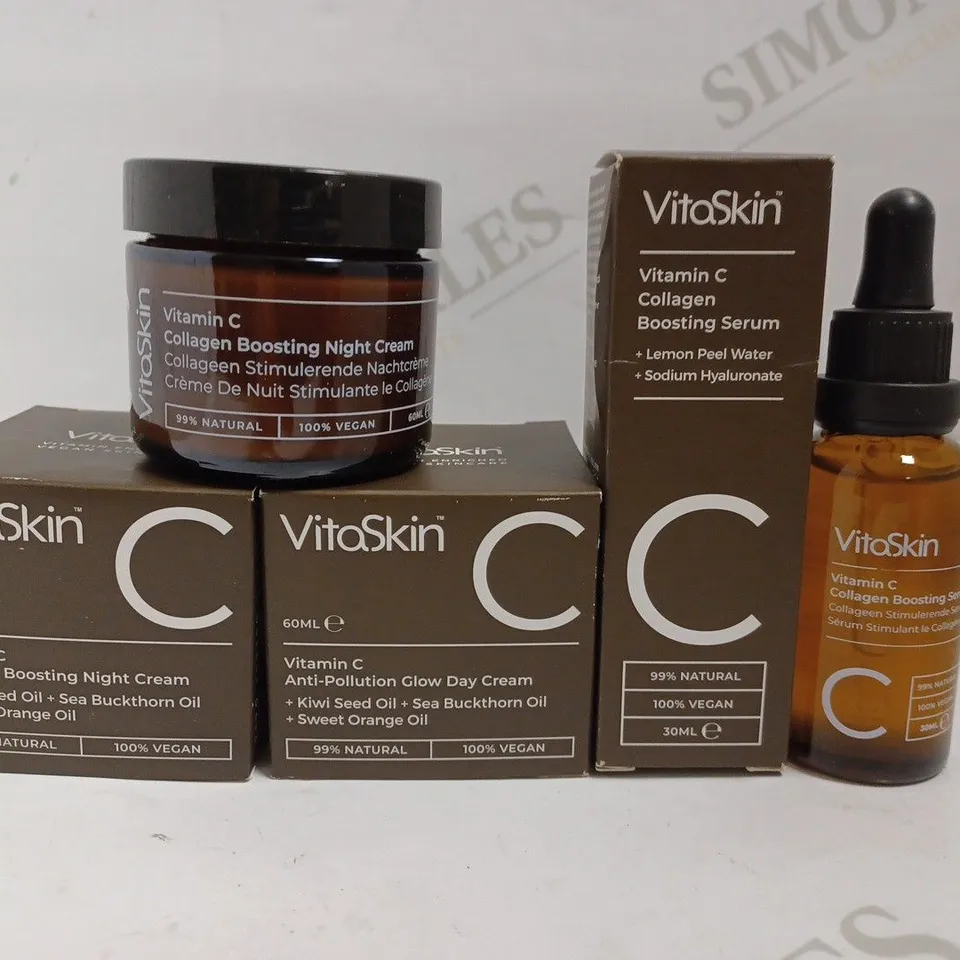 3 VITASKIN ITEMS TO INCLUDE VITAMIN C ANTI POLLUTION GLOW DAY CREAM AND VITAMIN C COLLAGEN BOOSTING SERUM - 2X60ML AND 30ML