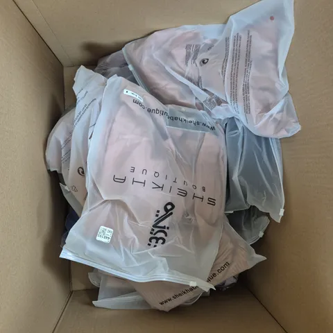 LARGE BOX OF ASSORTED CLOTHING ITEMS IN VARIOUS COLOURS, SIZES AND STYLES