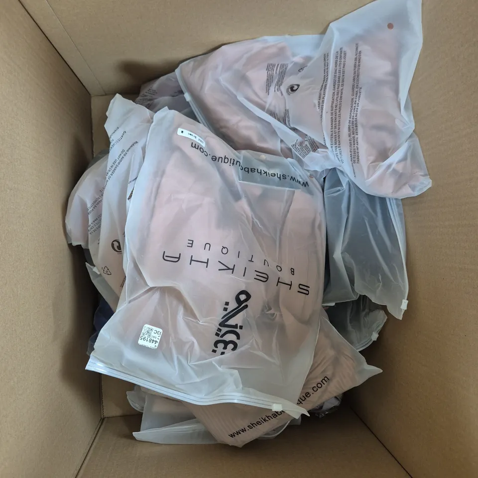 LARGE BOX OF ASSORTED CLOTHING ITEMS IN VARIOUS COLOURS, SIZES AND STYLES