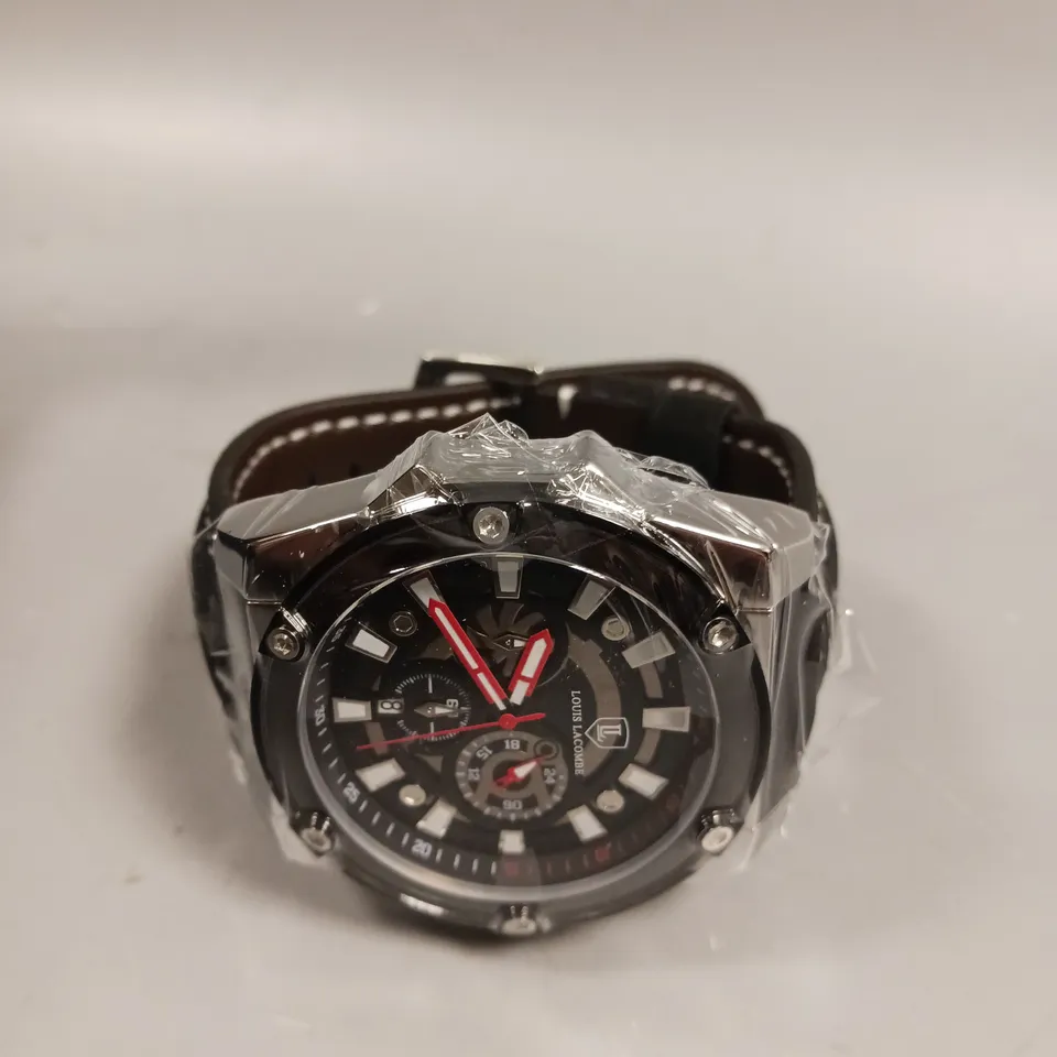 MENS LOUIS LACOMBE CHRONGRAPH WATCH – 3 SUB DIALS – SILVER COLOUR CASE – LEATHER STRAP