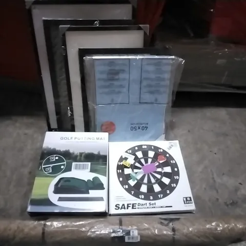 PALLET OF HOUSEHOLD ITEMS TO INCLUDE PICTURE FRAMES, GOLF PUTTING MAT, SAFE DARTS,RUG AND OTHER ASSORTED ITEMS...