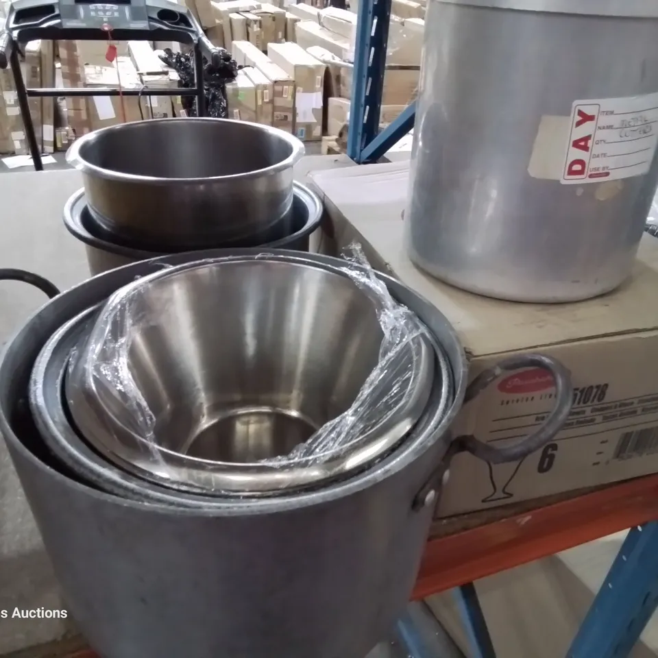 THREE BOXES ASSORTED CATERING ITEMS, INCLUDING, SUNDAE GLASSES, COFFEE CUPS, METAL BOWLS & POTS, CROCKERY.