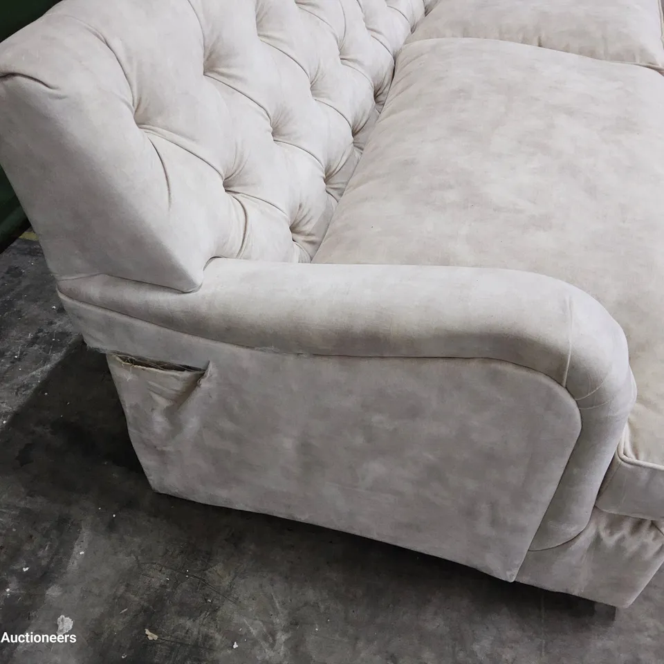 DESIGNER FOXCOTE ALMOND FABRIC METAL ACTION SOFA BED WITH 2 EXTRA BACK CUSHIONS 