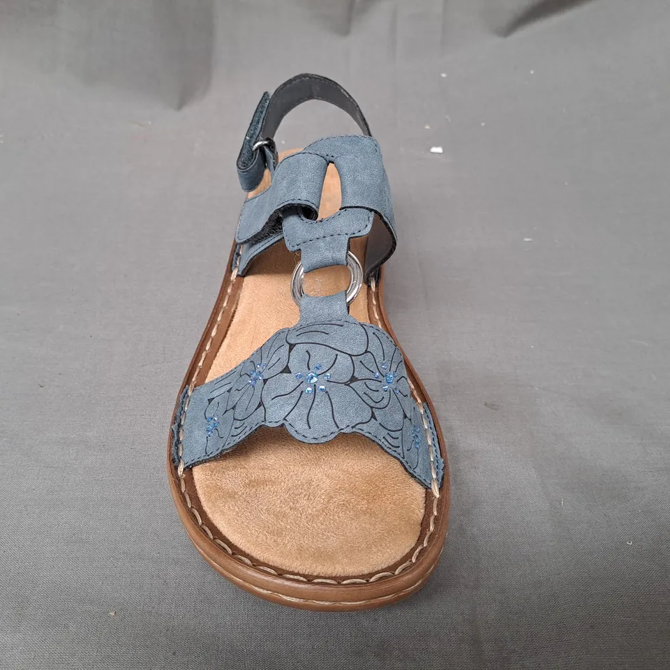 BOXED PAIR OF RIEKER OPEN TOE SANDALS IN BLUE EU SIZE 38