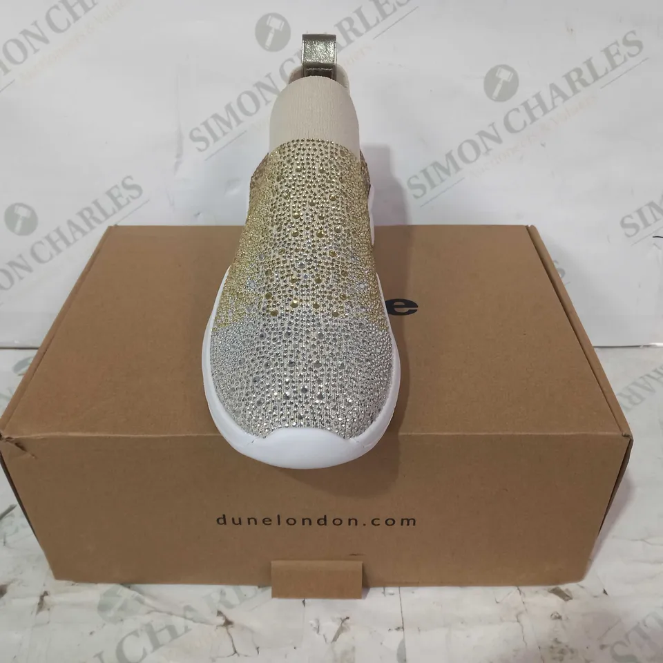 BOXED PAIR OF DUNE LONDON ELIXIR SLIP-ON SHOES IN GOLD COLOUR W. JEWEL EFFECT EU SIZE 37