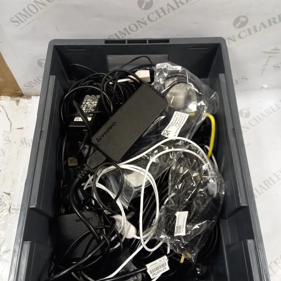 BOX OF APPROXIMATELY 20 ASSORTED AUDIO/VISUAL & POWER CABLES TO INCLUDE ADSL FILTER LAPTOP POWER SUPPLIES & ETHERNET CABLE 