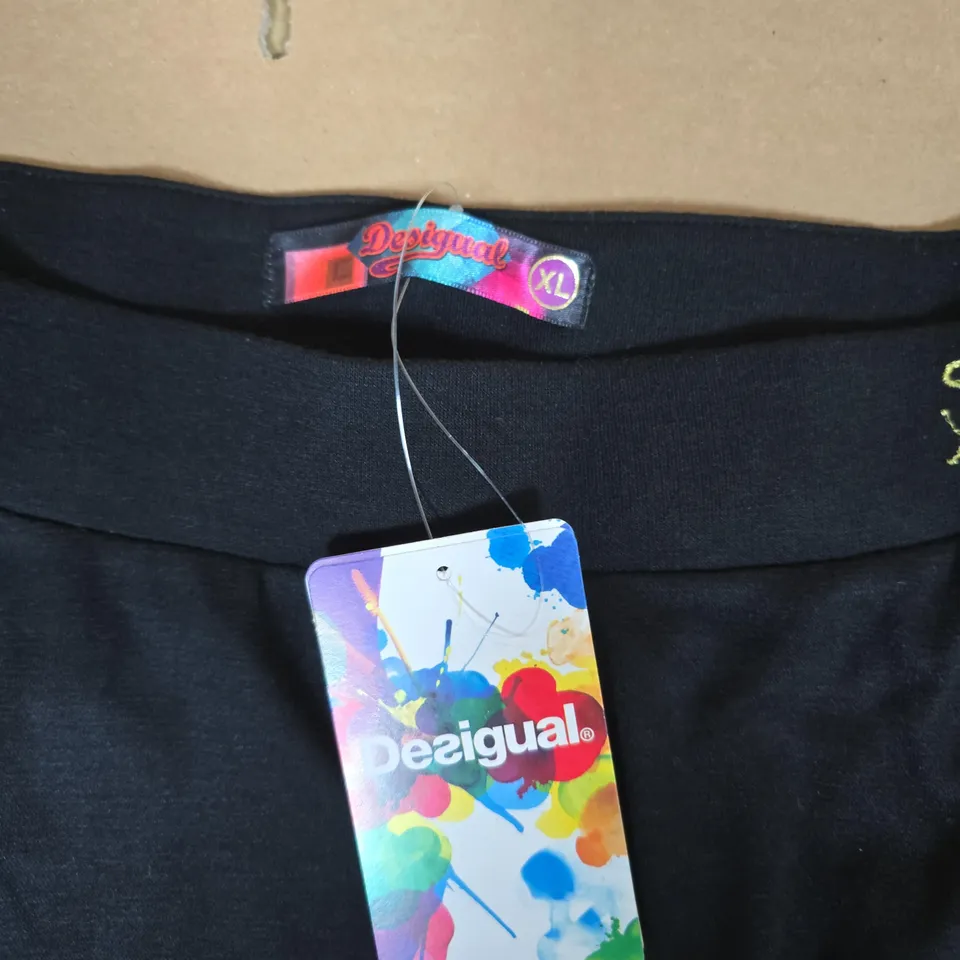 DESIGUAL WOMEN'S BLACK SKIRT WITH MULTICOLOUR HEM EMBELLISHMENT – SIZE XL