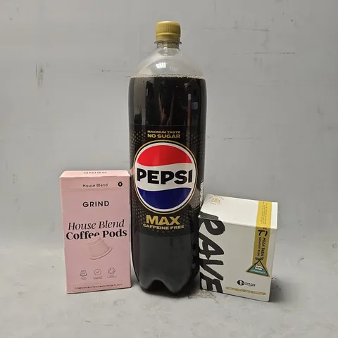APPROXIMATELY 6 ASSORTED FOOD & DRINK ITEMS TO INCLUDE - PEPSI MAX CAFFENINE FREE , GRIND HOUSE BLEND , RAVE MEGA BREW BREAKFAST BLEND ETC