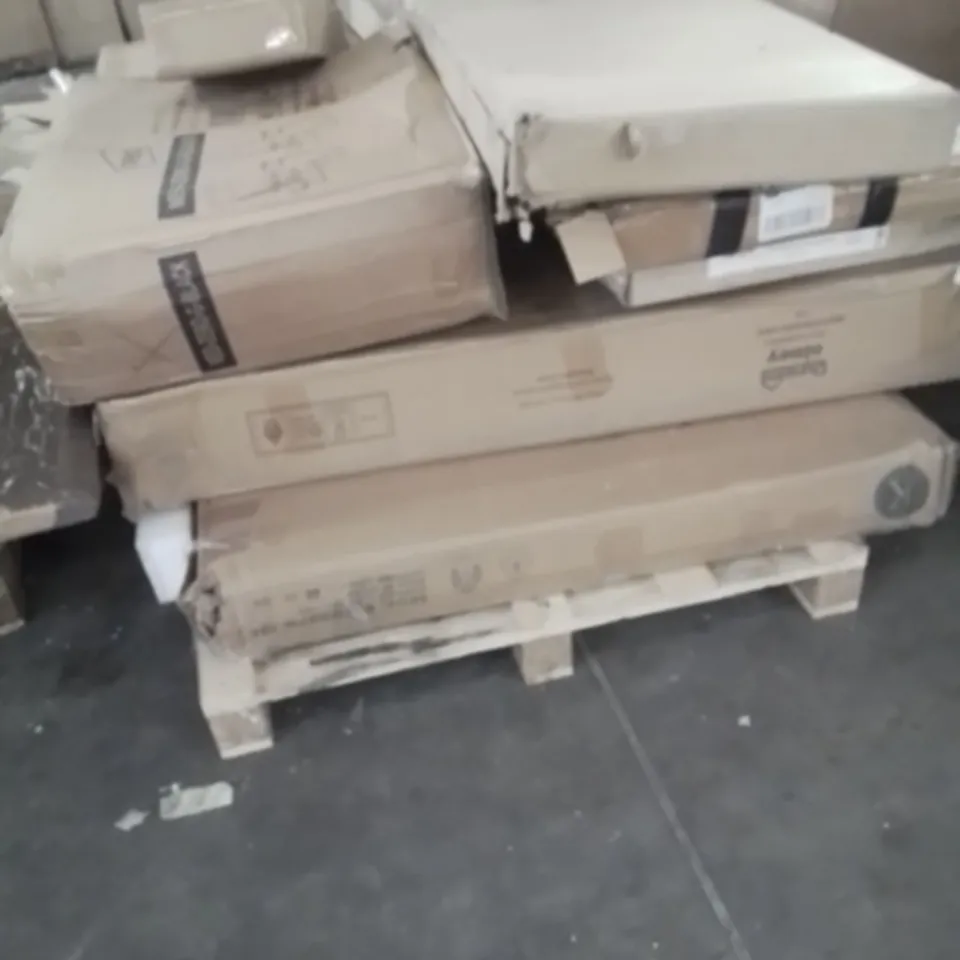 PALLET OF ASSORTED HOUSEHOLD GOODS AND PRODUCTS TO INCLUDE;SUN LOUNGER,TV WALL MOUNT,CHEST OF DRAWERS 