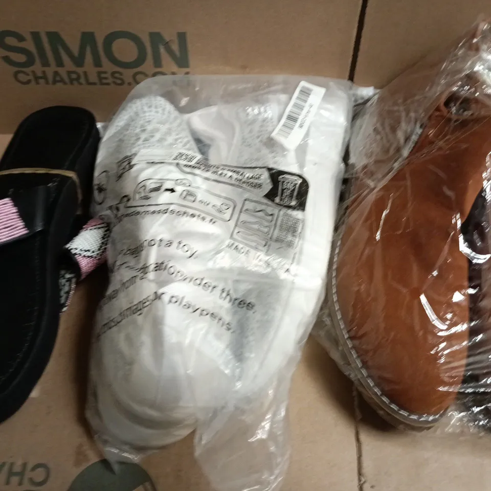 BOX OF APPROXIMATELY 15 ASSORTED PAIRS OF SHOES AND FOOTWEAR ITEMS IN VARIOUS COLOURS, STYLES, AND SIZES - COLLECTION ONLY