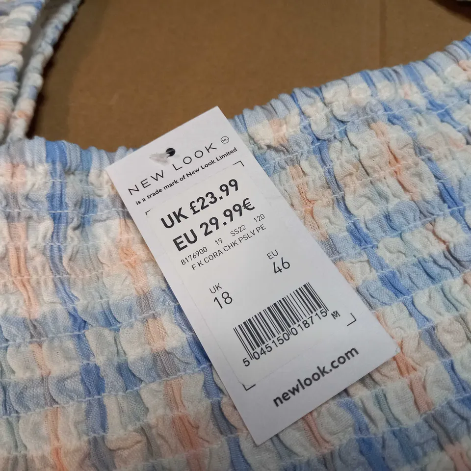 NEW LOOK BLUE CHECK SHIRRED OFF SHOULDER TOP - SIZE 18