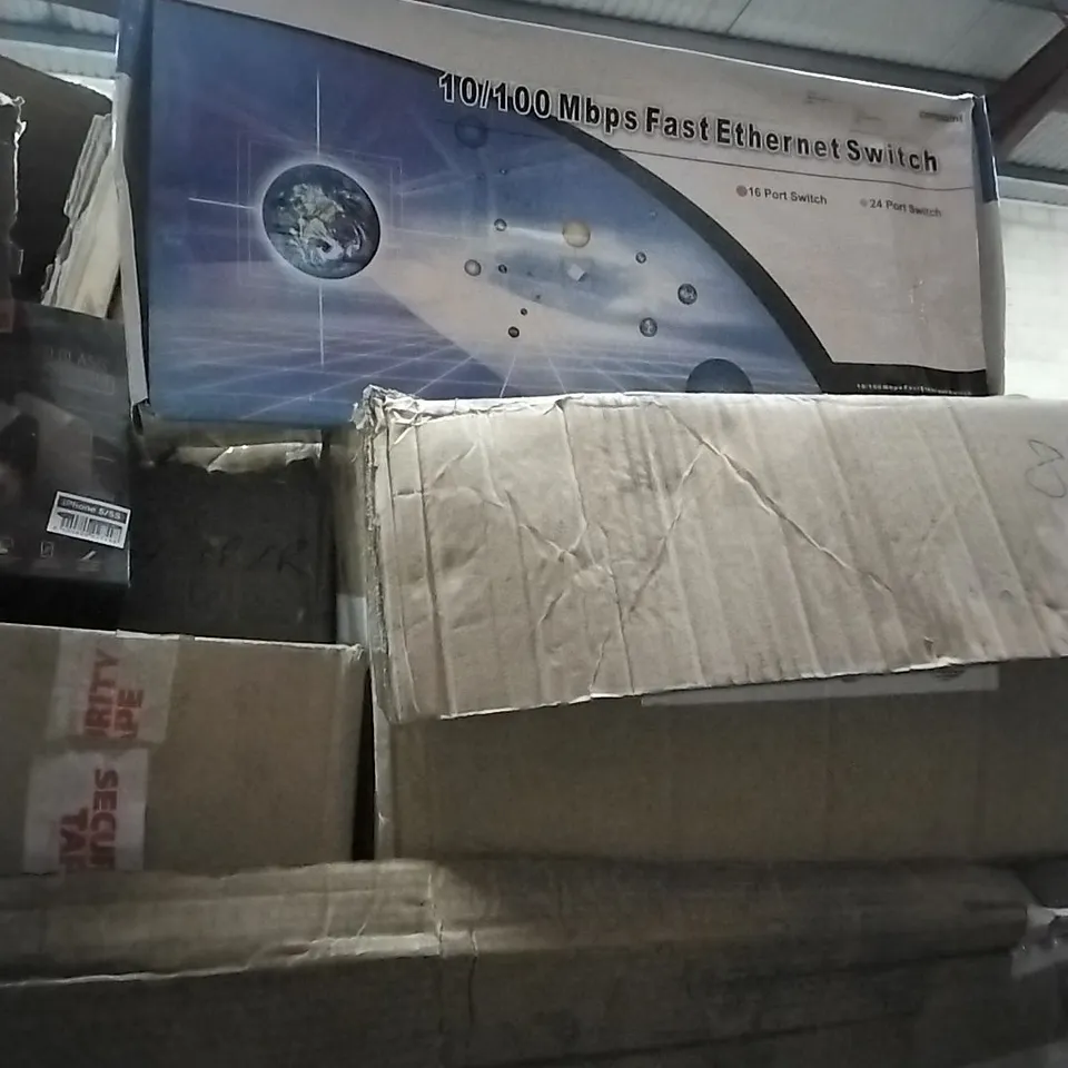 PALLET OF VARIOUS TEMPERED GLASS SCREEN PROTECTORS AND 10/100 MBPS FAST ETHERNET SWITCH