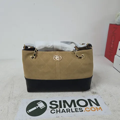 VALISSIME HANDBAG – BEIGE QUILTED TWO-TONE WITH BLACK BASE, CHAIN STRAP