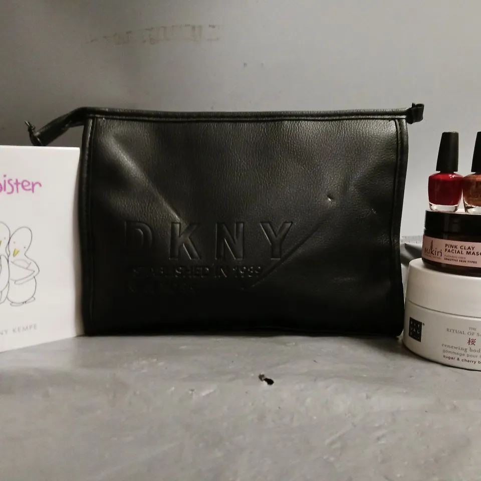 DKNY BLACK BAG TO INCLUDE - MY SISTER BOOK , NAIL LACQUER , PINK CLAY FACIAL MASQUE ETC