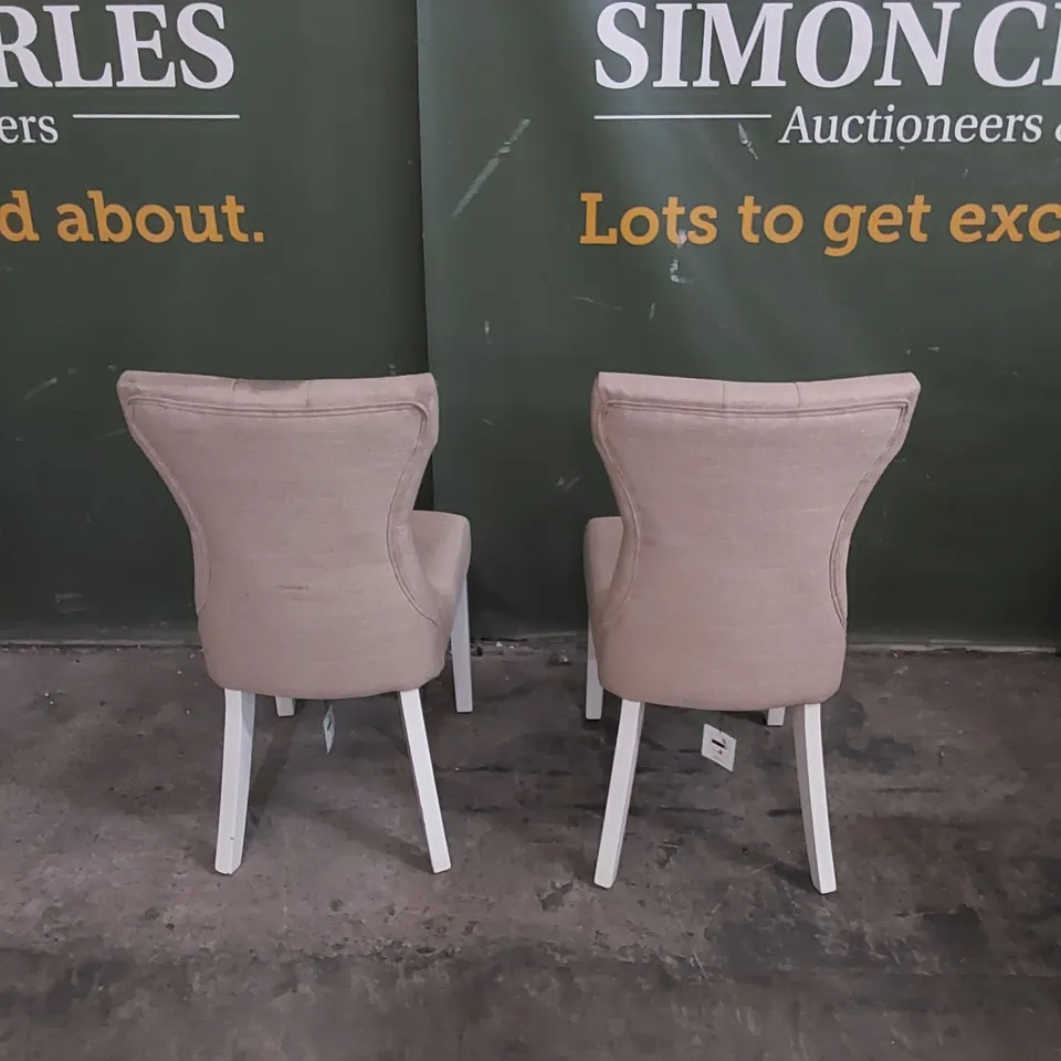SET OF 2 BEWLEY OATMEAL FABRIC BUTTON BACK DINING CHAIRS WITH WHITE LEGS