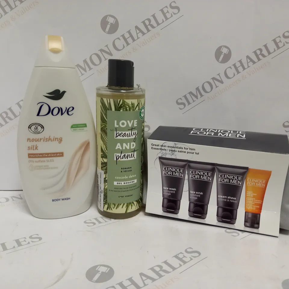 APPROXIMATELY 20 ASSORTED HEALTH AND BEAUTY PRODUCTS TO INCLUDE CLINIQUE FOR MEN GIFT SET, DOVE BODY WASH, LOVE BEAUTY & PLANET SHAMPOO 