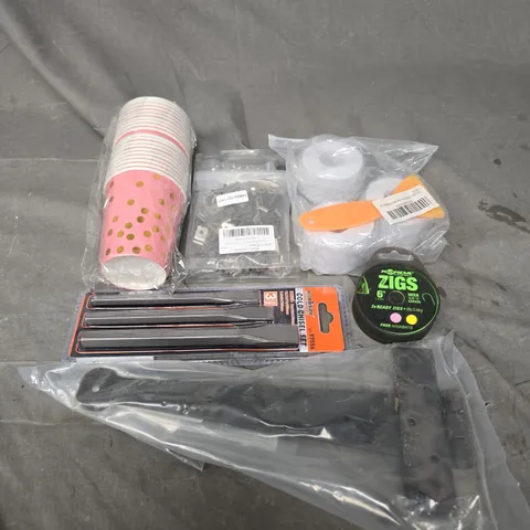 APPROXIMATELY 15 ASSORTED HOUSEHOLD ITEMS TO INCLUDE - PAPER CUPS , SCREWS , TOOLS , ETC