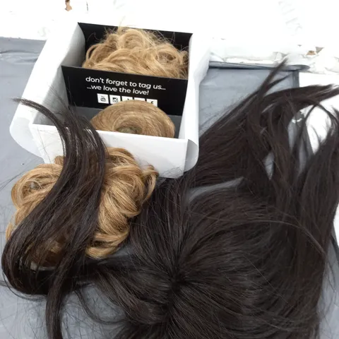 APPROXIMATELY 20 ASSORTED EASILOCKS PRODUCTS TO INCLUDE HAIR SCRUNCHIES, HAIR TOPPERS ALL IN VARIOUS IN COLOURS