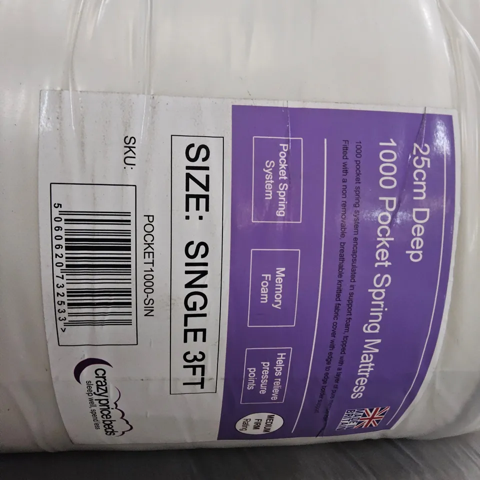 BAGGED & ROLLED 3' SINGLE 1000 POCKET SPRUNG MATTRESS