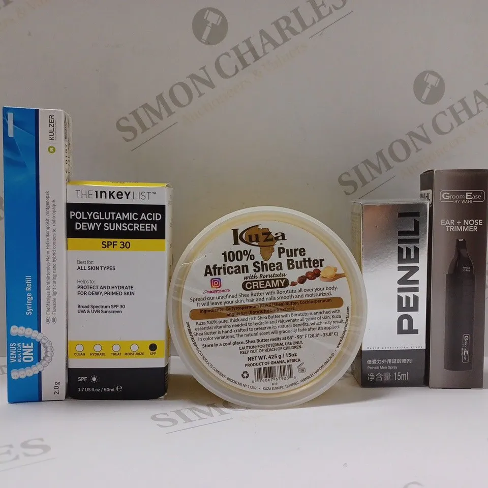 BOX OF APPROX 20 ASSORTED HEALTH AND BEAUTY ITEMS TO INCLUDE - GROOM EASE EAR + NOSE TRIMMER - KUZA 100% PURE AFRICAN SHEA BUTTER - KULZER SYRINGE REFILL FOR TEETH ECT