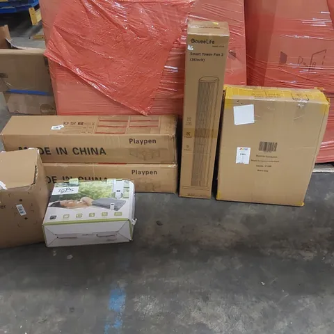 PALLET OF ASSORTED CONSUMER PRODUCTS TO INCLUDE: AIR FRYER, SMART TOWER FAN, PLAYPENS, ELECTRIC BLANKET, 60" LIFE-SIZED SKELETON ECT