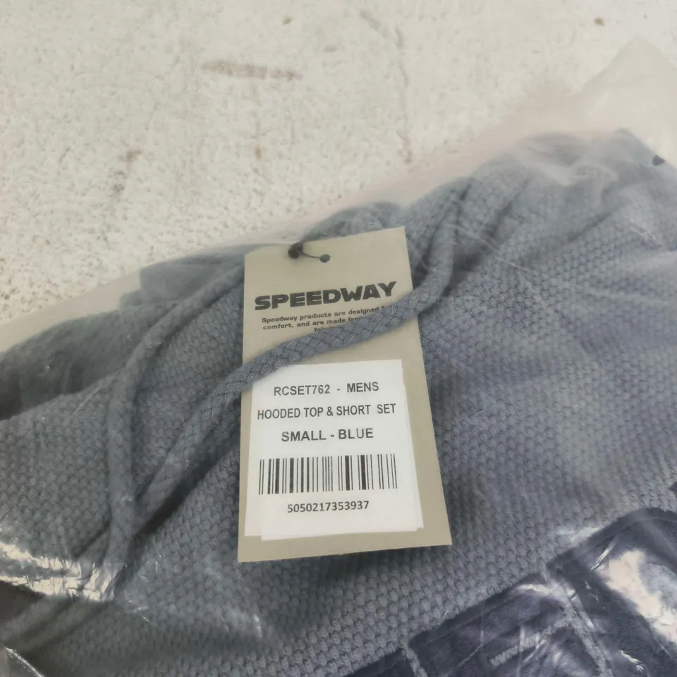 SPEEDWAY HOODED TOP AND SHORT SET BLUE SMALL TAGGED BAGGED