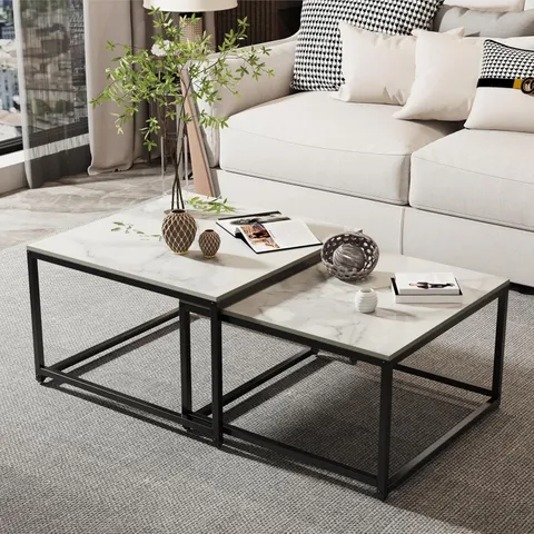 BOXED MARBLE TOP TABLES SQUARE COFFEE TABLE - NESTING TABLES (SET OF 2) - WHITE/BLACK (1 BOX)