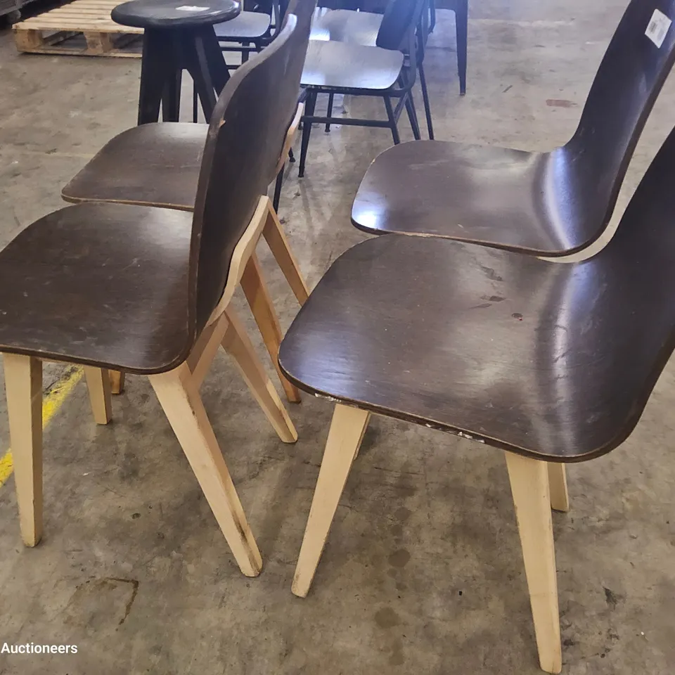 SET FOUR DARK WOOD CAFE CHAIRS LIGHT WOOD LEGS