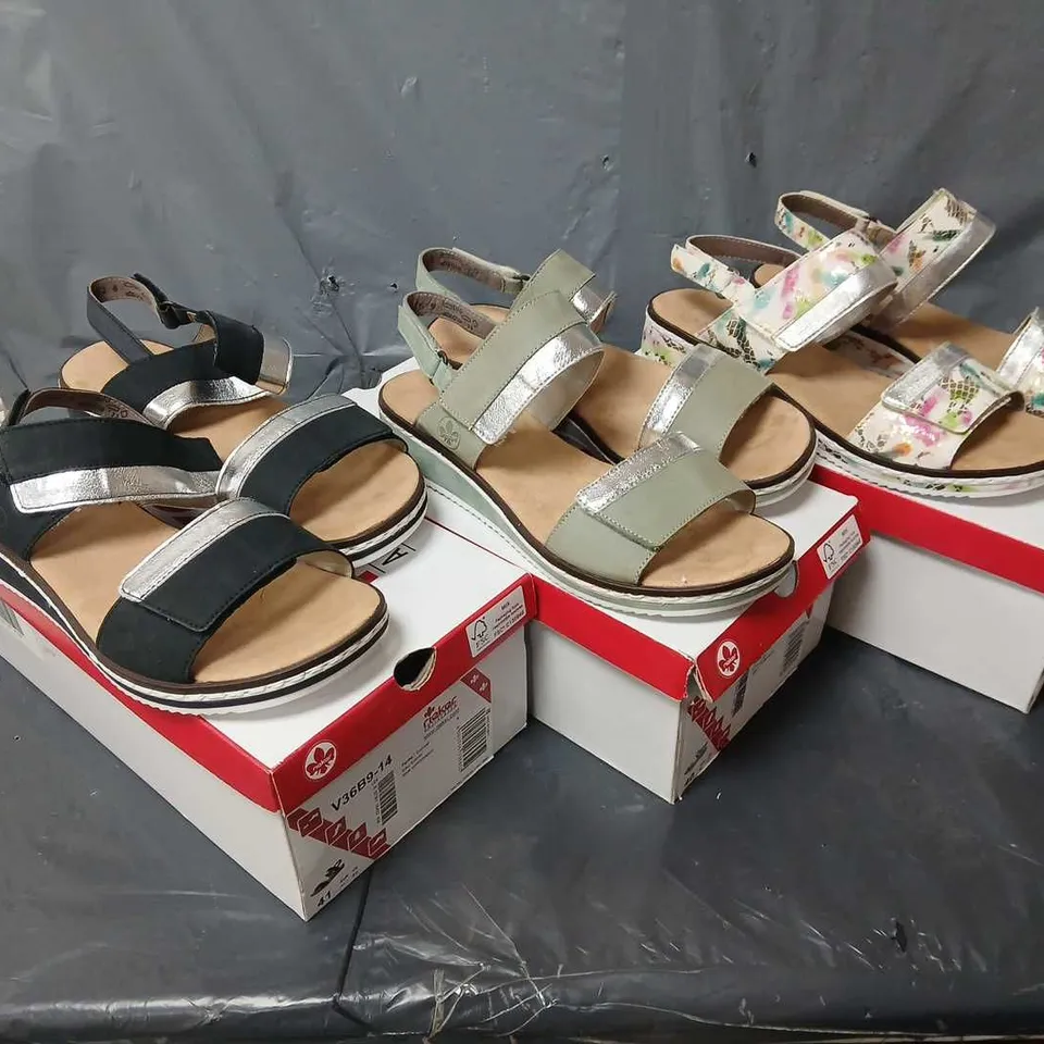 APPROXIMATELY 6 PAIRS OF RIEKER OPEN TOE VELCRO SANDALS IN VARIOUS SIZES AND COLOURS TO INCLUDE BLACK, GREEN, WHITE MULTI, ETC - COLLECTION ONLY