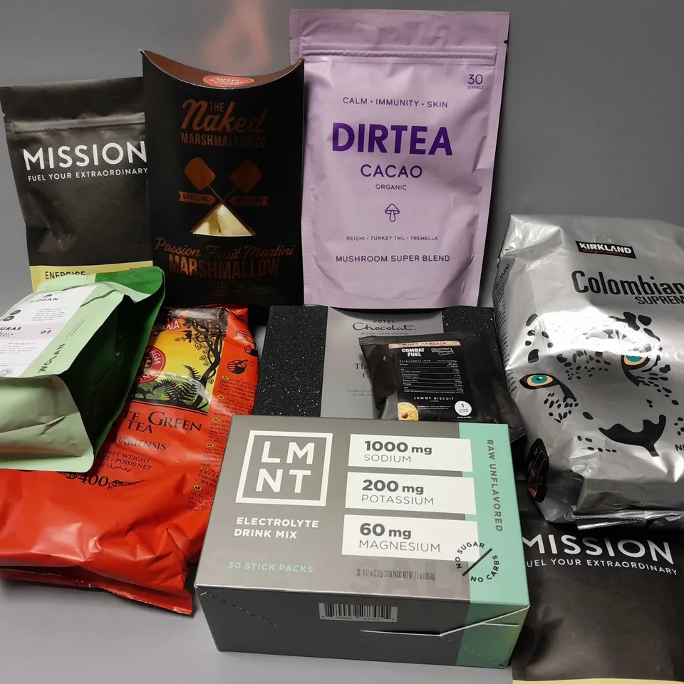 APPROXIMATELY 15 ASSORTED FOOD & DRINK ITEMS TO INCLUDE KIRKLAND SIGNATURE COLOMBIAN SUPREMO (908g), LMNT ELECTROLYTE DRINK MIX (30 STICK PACK), DIRTEA CACAO ORGANIC MUSHROOM SUPER BLEND (30 SERVINGS)