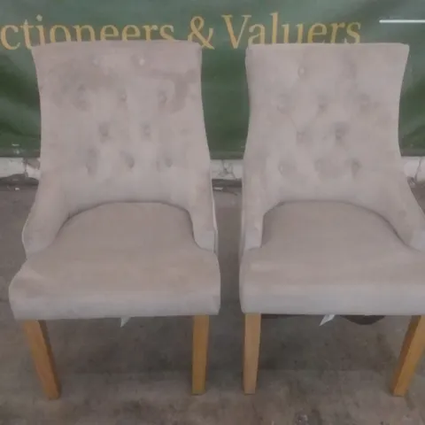 SET OF 2 NEW DUKE MINK FABRIC BUTTON BACK DINING CHAIRS (OAK LEG)
