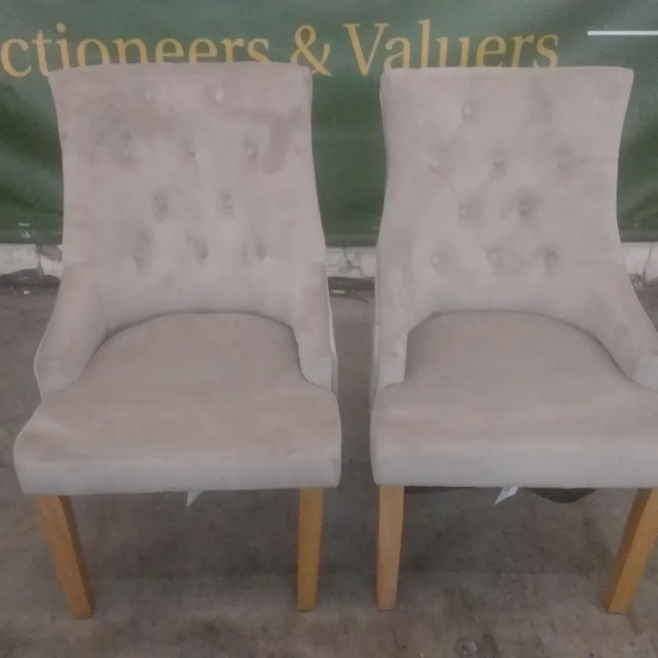 SET OF 2 NEW DUKE MINK FABRIC BUTTON BACK DINING CHAIRS (OAK LEG)