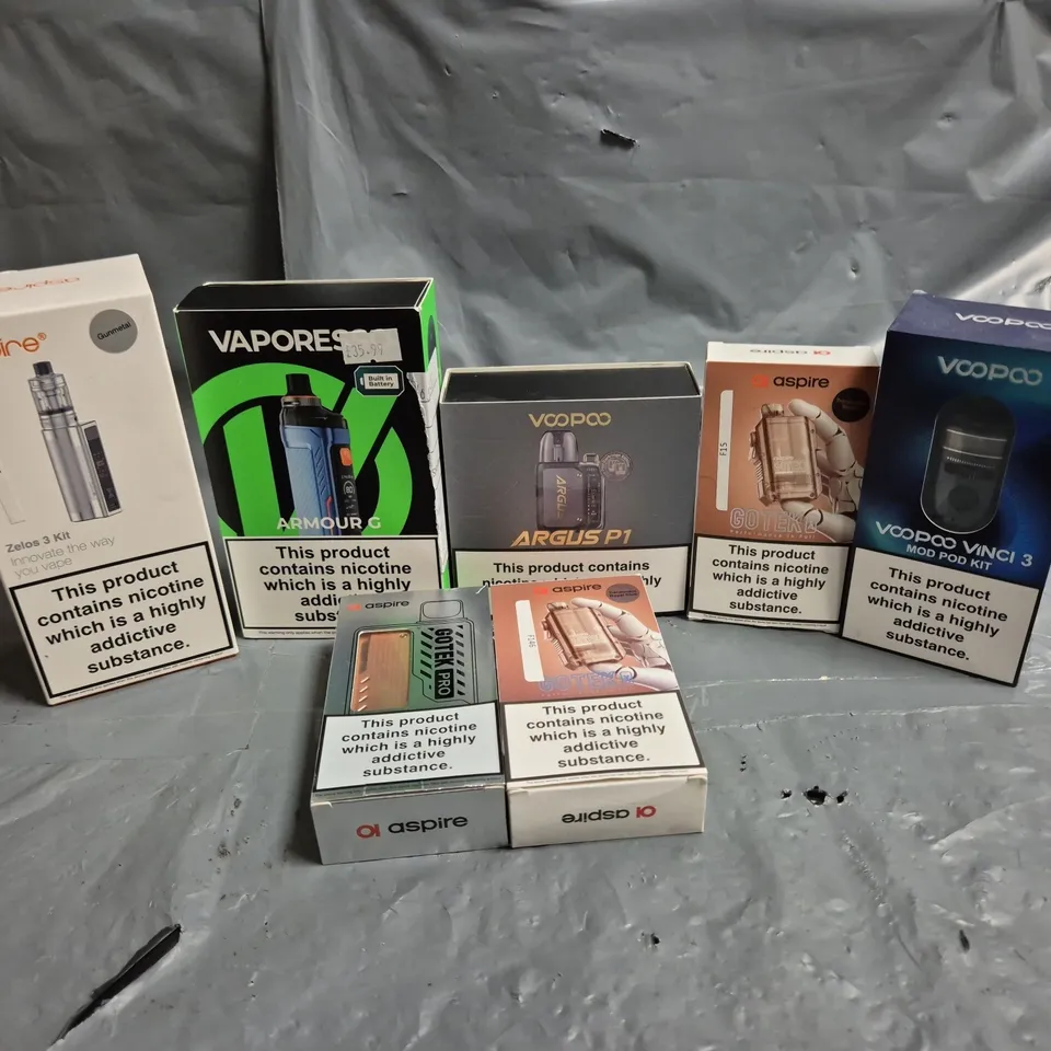APPROXIMATELY 25 ASSORTED VAPE & E-CIGARETTE PRODUCTS TO INCLUDE VOOPOO VINCI 3, ASPIRE GOTEX, VAPORESSO ARMOUR G, ETC