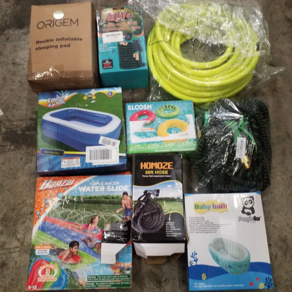 PALLET CONTAINING ASSORTED GARDEN HOSES & INFLATABLES