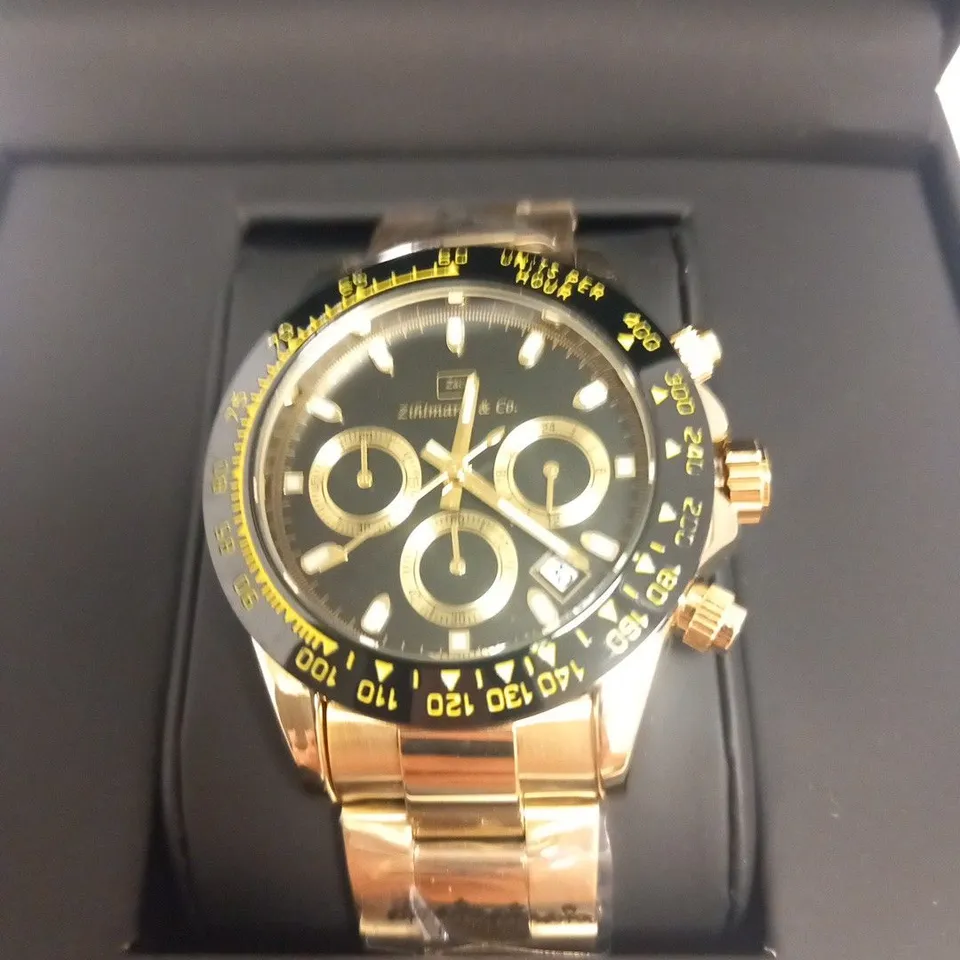 MENS ZIHLMANN & Co Z400 WATCH – CHRONOGRAPH MOVEMENT – GOLD COLOUR STAINLESS STEEL STRAP – BLACK DIAL – 3ATM WATER RESISTANT – RRP £620