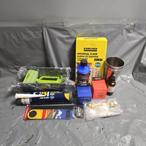 APPROXIMATELY 12 ASSORTED HOUSEHOLD ITEMS TO INCLUDE - KARCHER UNIVERSAL FLOOR CLOTH SET - FOOD CHOPPER ACCESSORIES - OB1 CONSTRUCTION SEALANT & ADHESIVE - ETC