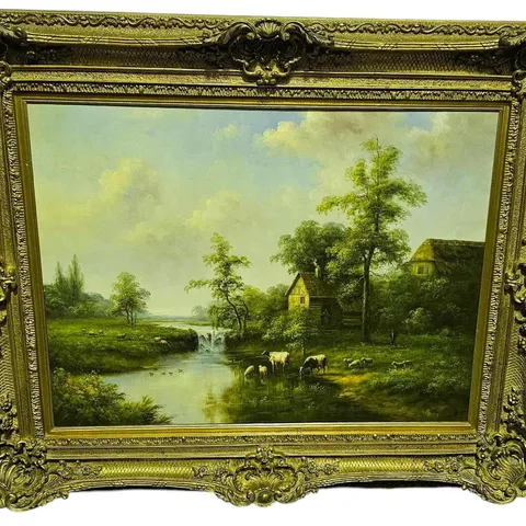 VICTORIAN PASTORAL MEADOWS AND ANIMALS 19TH CENTURY OIL PAINTING