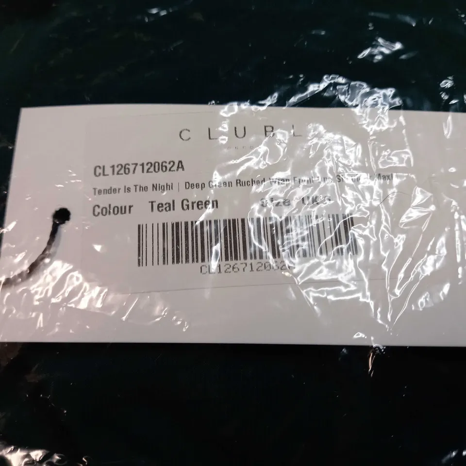 PACKAGED CLUB L TEAL GREEN RUCHED WRAP FRONT ONE SHOULDER MAXI DRESS - SIZE 6