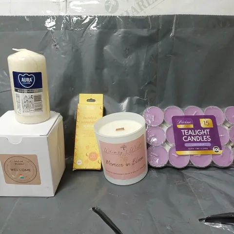 BOX OF APPROXIMATELY 8 ASSORTED ITEMS TO INCLUDE - SET OF 15 TEALIGHTS , AURA CANDLE , WHIMSY & WIST MOROCCO IN BLOOM ETC