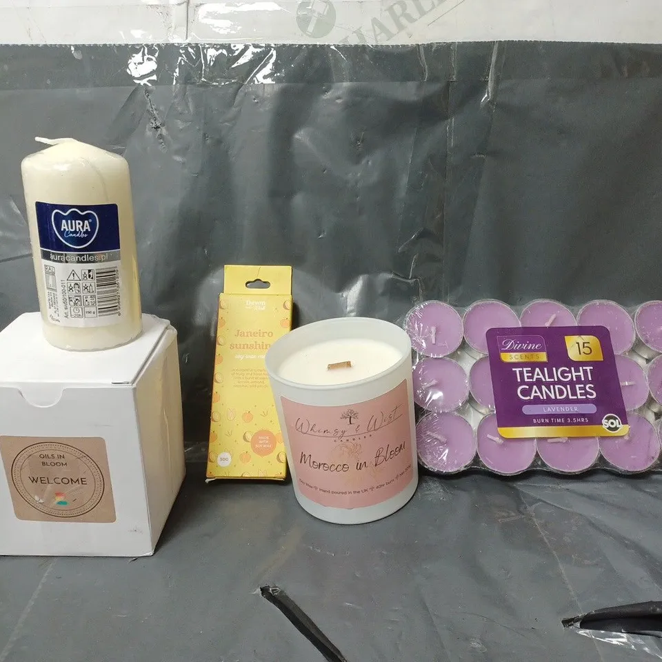 BOX OF APPROXIMATELY 8 ASSORTED ITEMS TO INCLUDE - SET OF 15 TEALIGHTS , AURA CANDLE , WHIMSY & WIST MOROCCO IN BLOOM ETC
