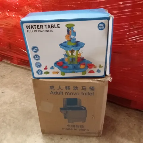 PALLET OF ASSORTED HOUSEHOLD GOODS AND PRODUCTS TO INCLUDE; WATER TABLE, ADULT MOVE TOILET ETC