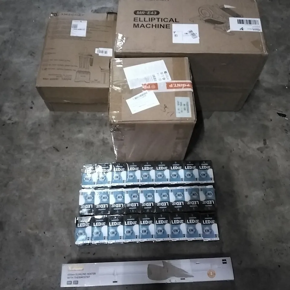 PALLET OF HOUSEHOLD ITEMS TO INCLUDE PROFESSIONAL BLENDER, 500MM SLIMLINE HEATER WITH THERMOSTAT, ELLIPTICAL MACHINE, ACRYLIC SHOWER CHAIR, LED 6W BULBS AND OTHER ASSORTED ITEMS...