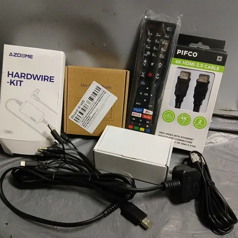 APPROXIMATELY 12 ASSORTED HOUSEHOLD ITEMS TO INCLUDE PIFCO 4K HDMI 2.0 CABLE, AZDOME HARDWIRE KIT, TV REMOTE, ETC