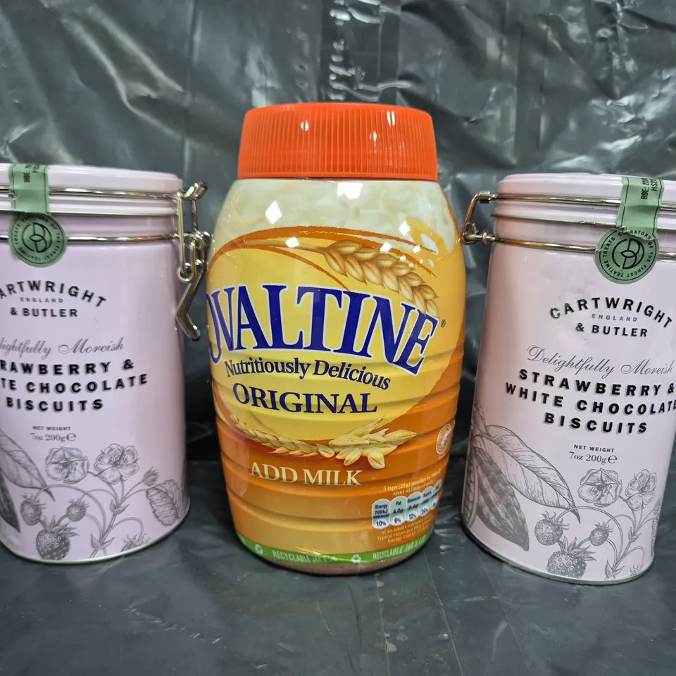 APPROXIMATELY 3 ASSORTED FOOD ITEMS TO INCLUDE STRAWBERRY & WHITE CHOCOLATE BISCUITS, OVALTINE ORIGINAL, ETC
