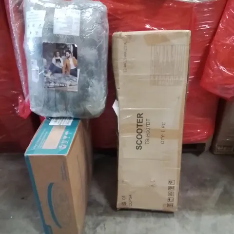 PALLET OF ASSORTED HOUSEHOLD GOODS AND PRODUCTS TO INCLUDE;CEILING FAN,SCOOTER,AREA RUG