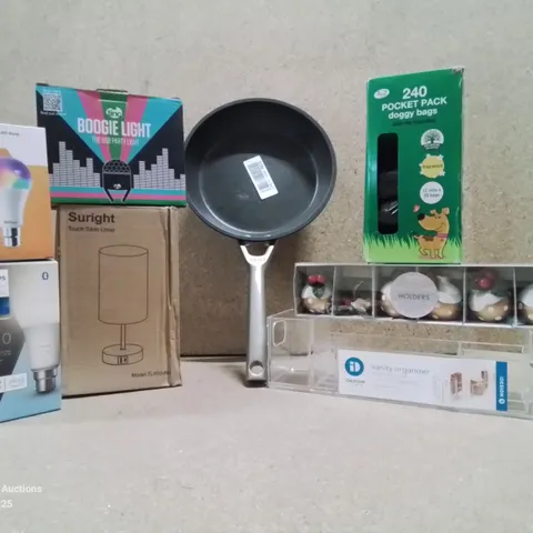 BOX TO CONTAIN ASSORTED HOUSEHOLD GOODS AND PRODUCTS TO INCLUDE; NINJA PAN, PHILIPS HUE (ALEXA COMPATIBLE), VANITY ORGANISER ETC