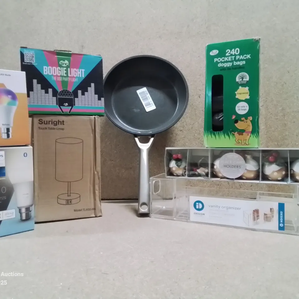 BOX TO CONTAIN ASSORTED HOUSEHOLD GOODS AND PRODUCTS TO INCLUDE; NINJA PAN, PHILIPS HUE (ALEXA COMPATIBLE), VANITY ORGANISER ETC